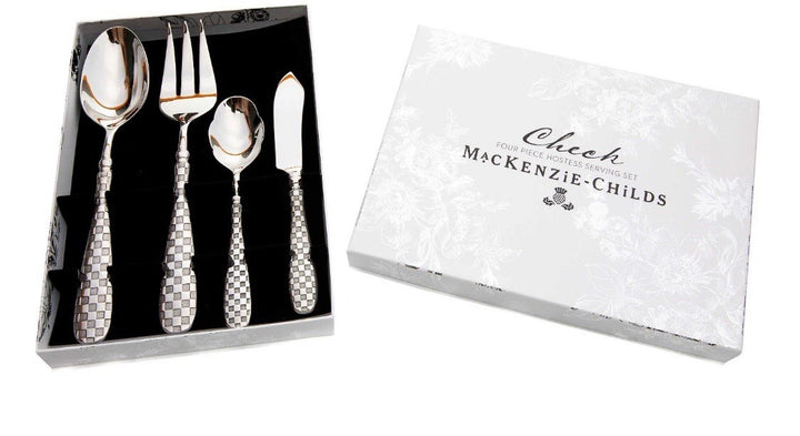 MACKENZIE CHILDS Silver Check Hostess Utensil Serving Set In Gift Box NEW