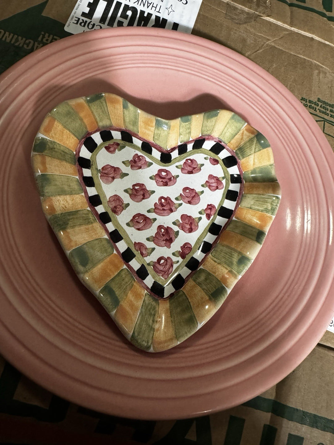 Mackenzie Childs Limited 2010 Truly MC  Fluted Heart Trinket Tray Pink Roses