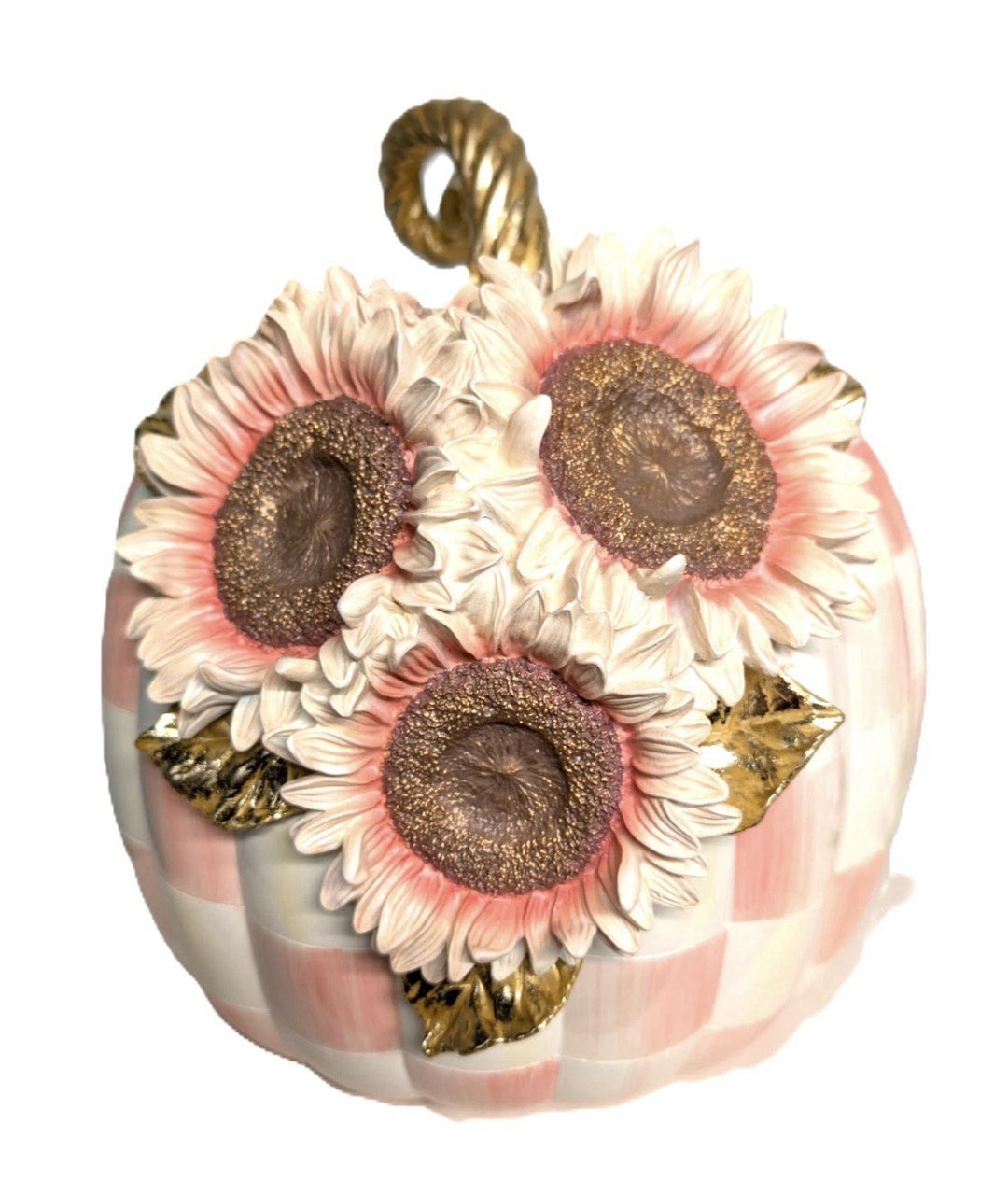MacKenzie Childs Rosy Check Pumpkin Pink Sunflower - 13" Large, Gold Accents Nib