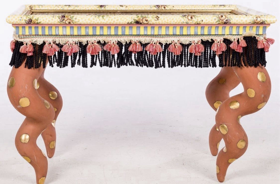 MacKenzie Childs Vintage Tin Topped Table Rate Ceramic Legs Excellent