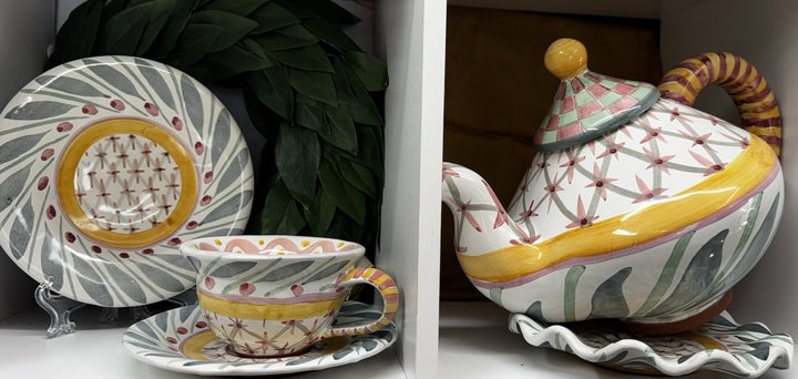 MacKenzie-Childs Brighton Pavillion Ceramic Teacup and Saucer Set 1990's Vintage