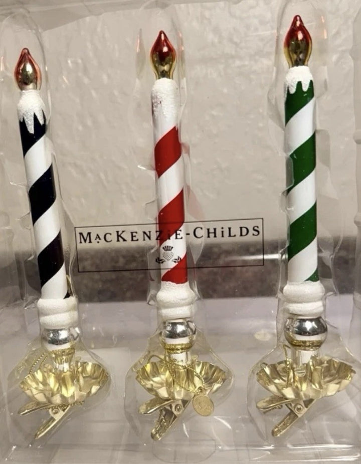 MACKENZIE-CHILDS "CHECK IT OUT GLASS CANDLE CLIPS" ORNAMENTS Retired