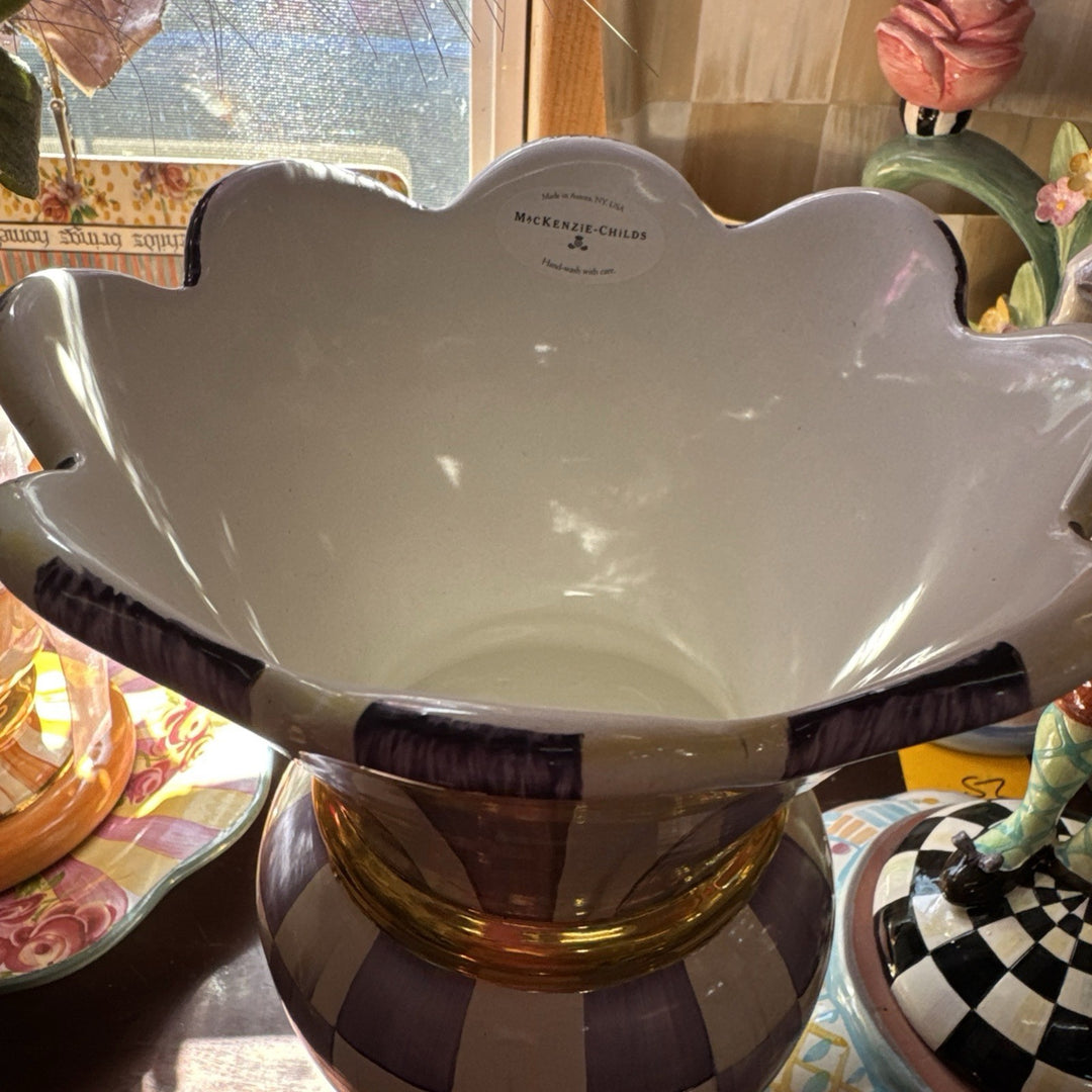 Mackenzie Childs Ceramic Violet Plum Purple Gold  Check Great Vase- NWT 2024