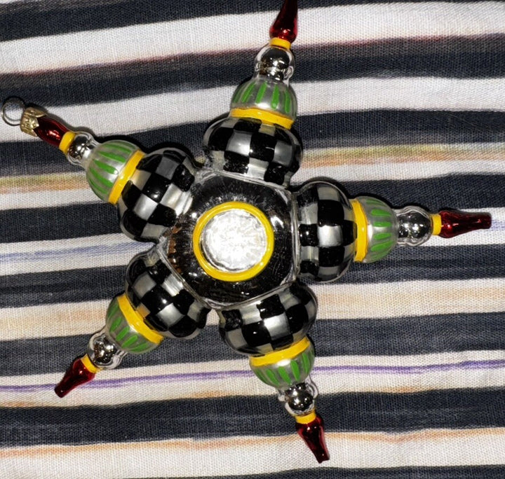 MacKenzie Childs Courtly Check Mate Star Glass Christmas Tree Ornament- Nib