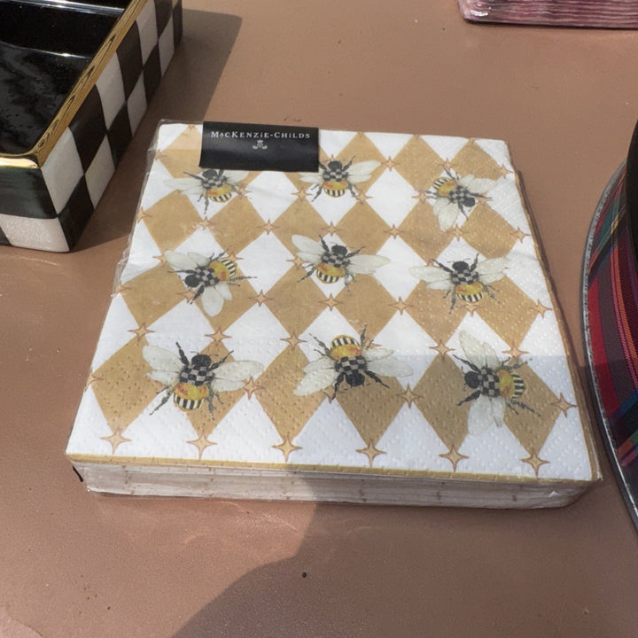 Mackenzie Childs Mocha Bee Harlequin Paper Cocktail Napkins 1 20 pack, NEW