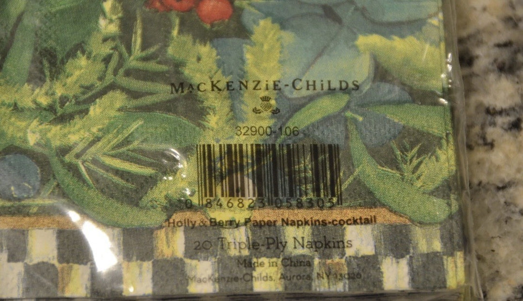MACKENZIE CHILDS COURTLY CHRISTMAS HOLLY BERRY COCKTAIL  NAPKINS New Pack