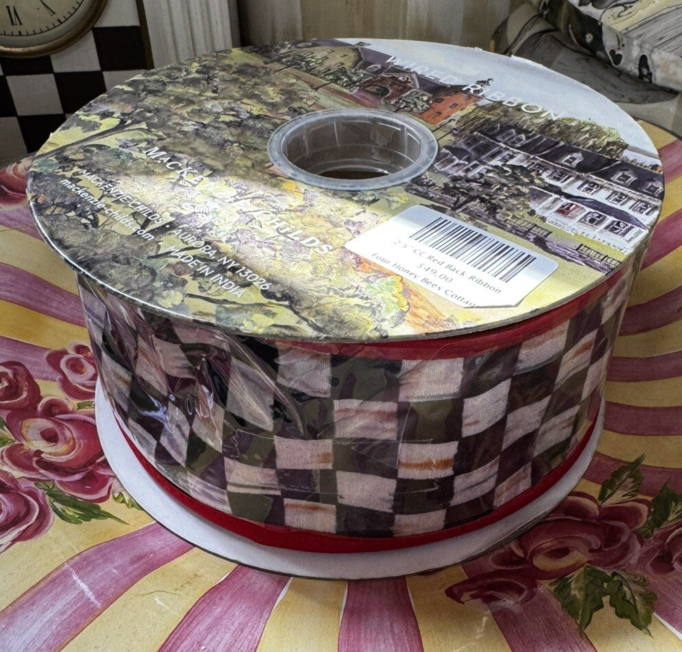 MacKenzie Childs 1 Roll Courtly  Check Wired Ribbon Red  2” wide-10yards Roll