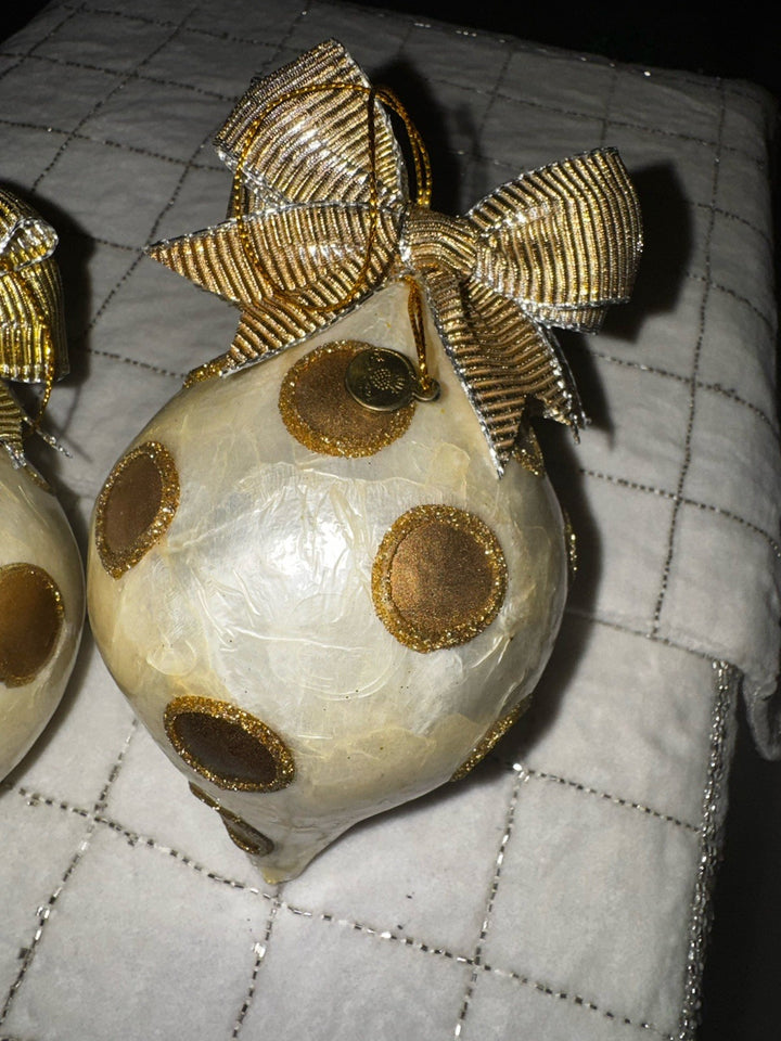 Rare Mackenzie Childs Capiz Tear Drop Ornaments Set Of 2- Gold Dots