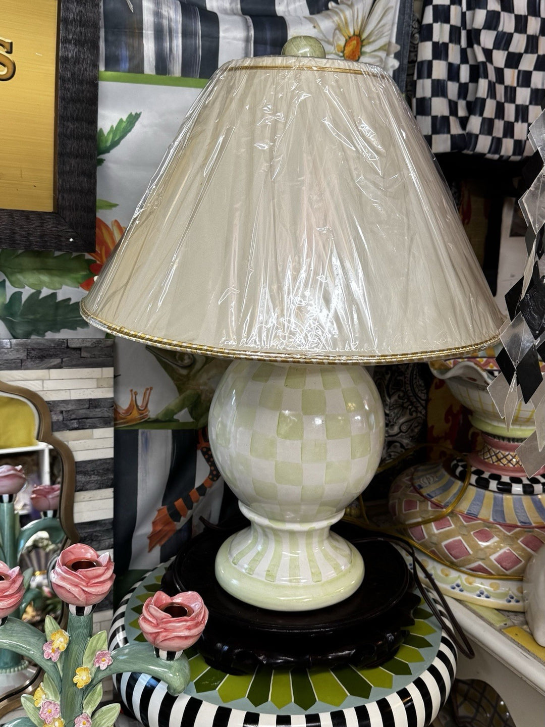 Mackenzie Childs Lamp Globe Green Check - Made In Aurora