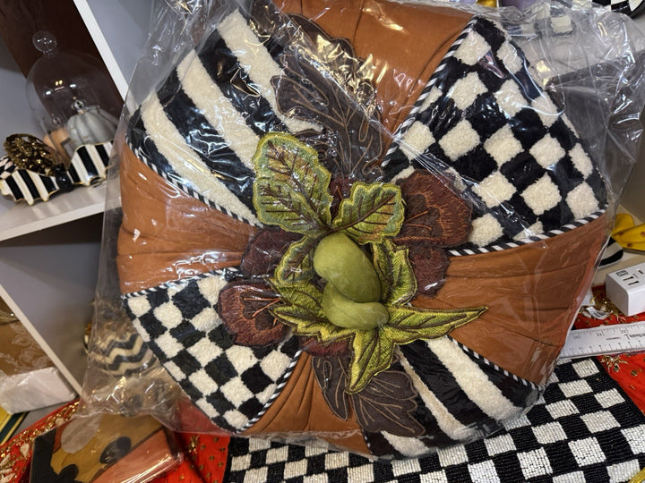 Mackenzie Childs Harvest  Check And Stripe Round Pumpkin Pillow- New In Bag
