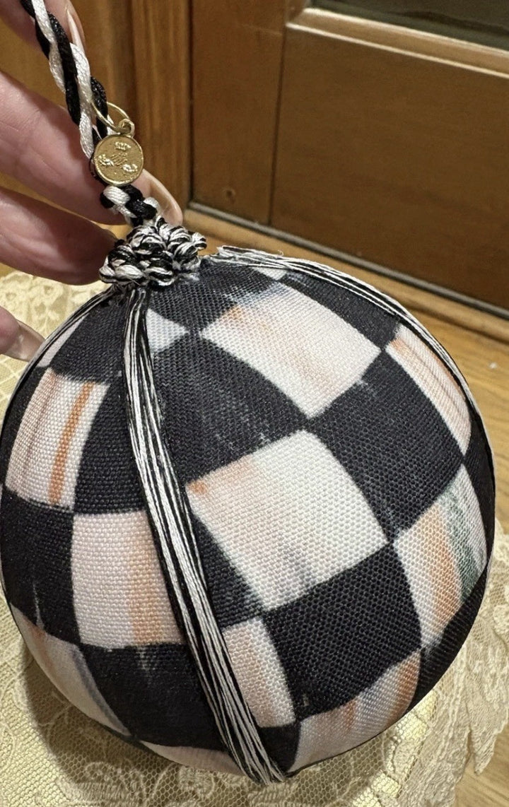 Mackenzie Childs COURTLY CHECK Large BALL Fabric Covered ORNAMENT- New 4”x5.25”