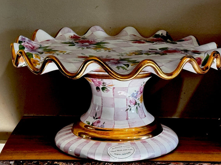 Mackenzie Childs 12” Honeymoon Pink Rose Fluted Cake Stand 2006