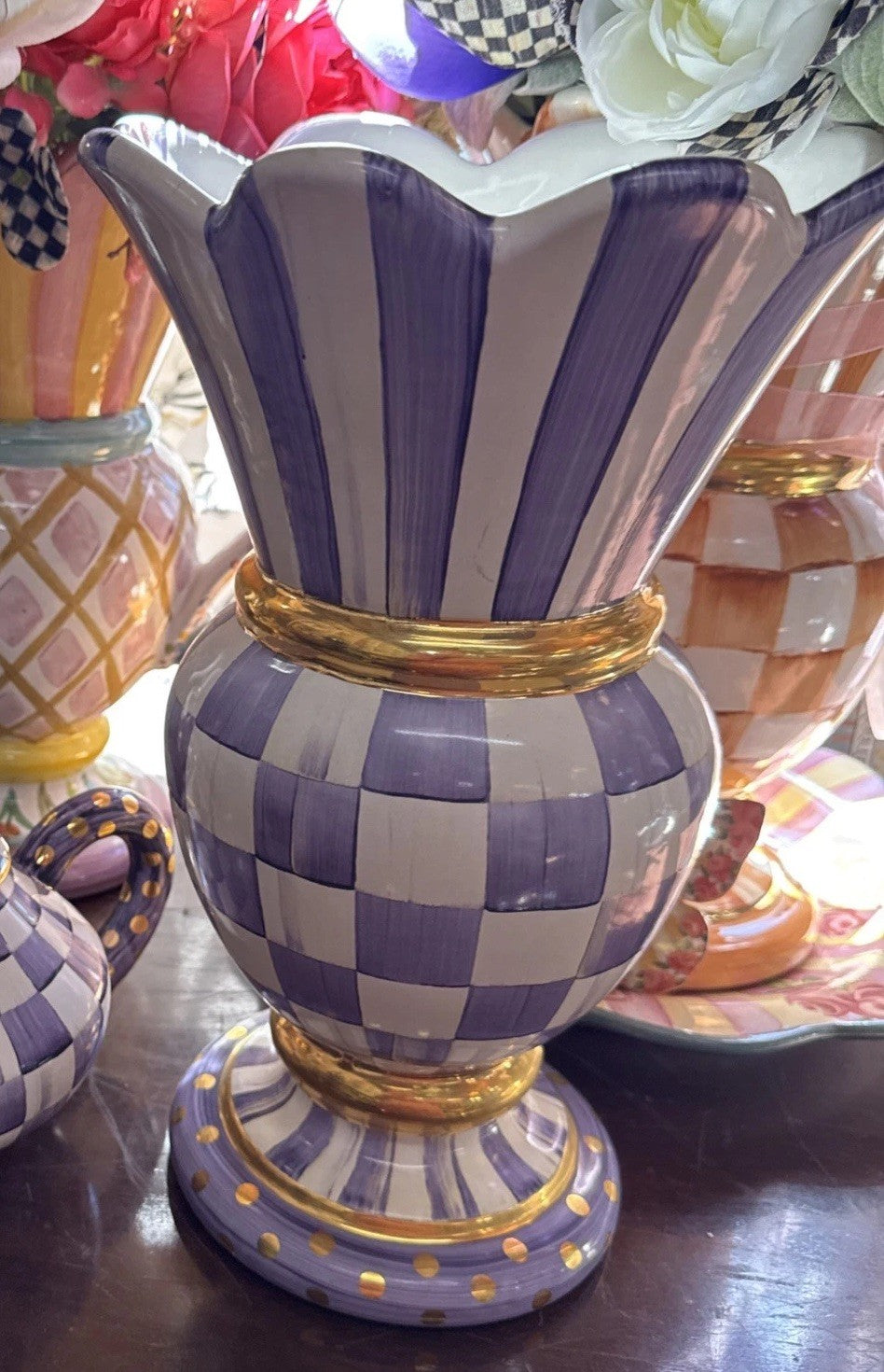 Mackenzie Childs Ceramic Violet Plum Purple Gold  Check Great Vase- NWT 2024