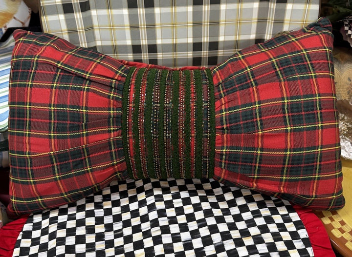 New Mackenzie Childs Red Tartan Retired Bow Pillow Beaded 20” Long