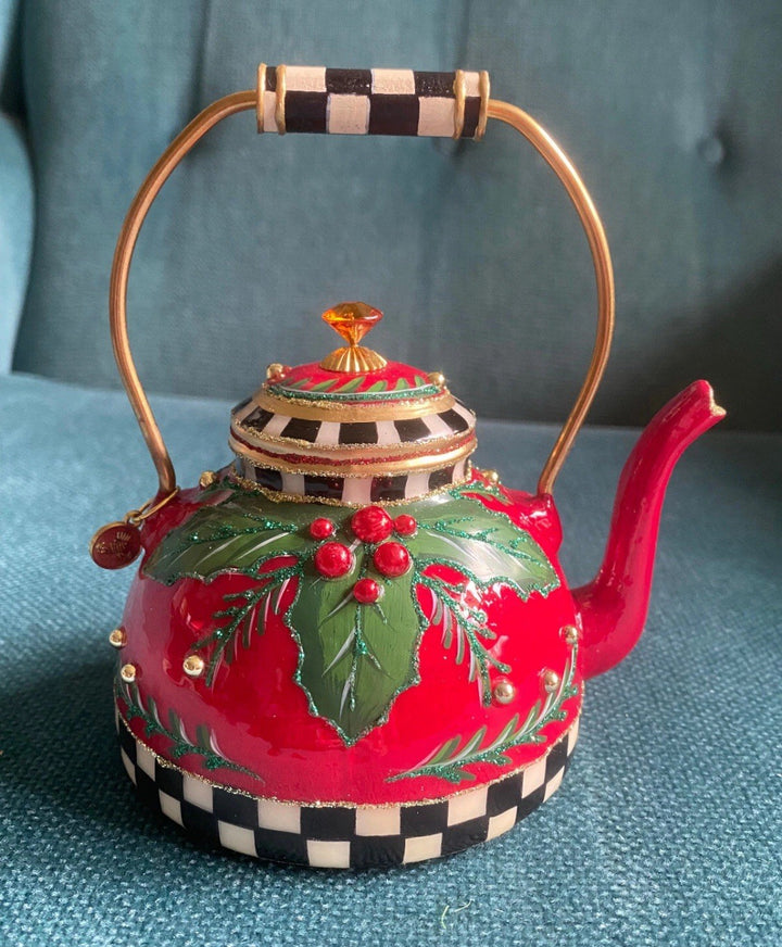 MACKENZIE CHILDS  HOLIDAY KETTLE GLASS ORNAMENT--NEW IN BOX Retired