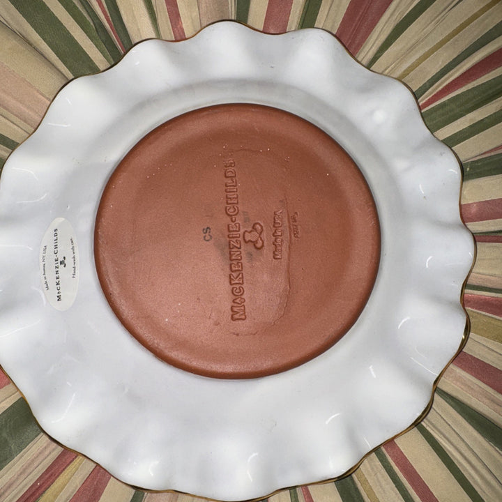 9” Mackenzie Childs   PARCHMENT CHECK CERAMIC FLUTED Gold Trim DESSERT PLATE- 1