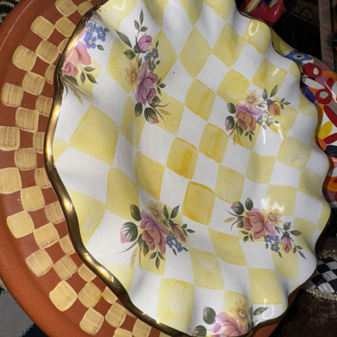 9” Mackenzie Childs Fluted Lemon Curd Yellow  Honeymoon Salad  Plate With Gold