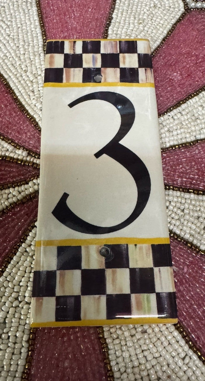 MACKENZIE CHILDS  HOUSE NUMBER 3 COURTLY CHECK TILE NEW 7" X 3"