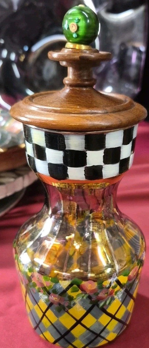 Vintage  Mackenzie Childs Courtly Check Tartan Glass  Circus Carafe W/wooden Lid
