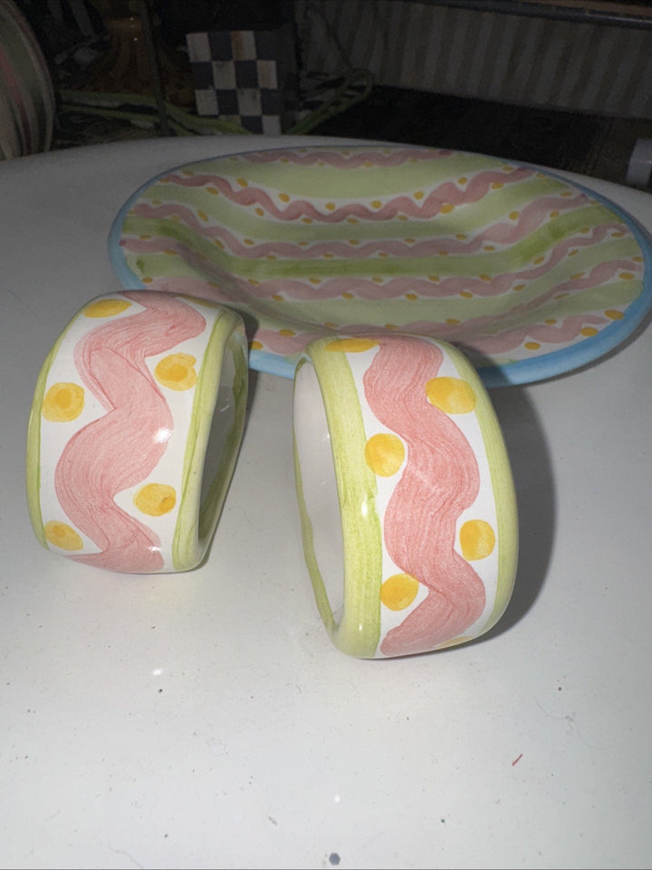 Lot of 2 Mackenzie Childs Napkin Rings Ceramic Charmain Wallcourt Excellent!