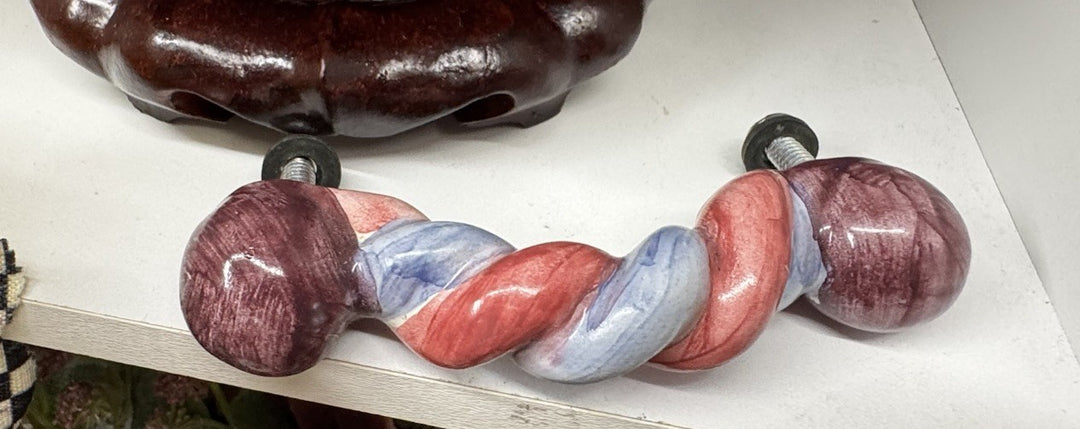 Mackenzie Childs  4” Twist Ceramic Handle Pull Knob Purple Pink And Blue