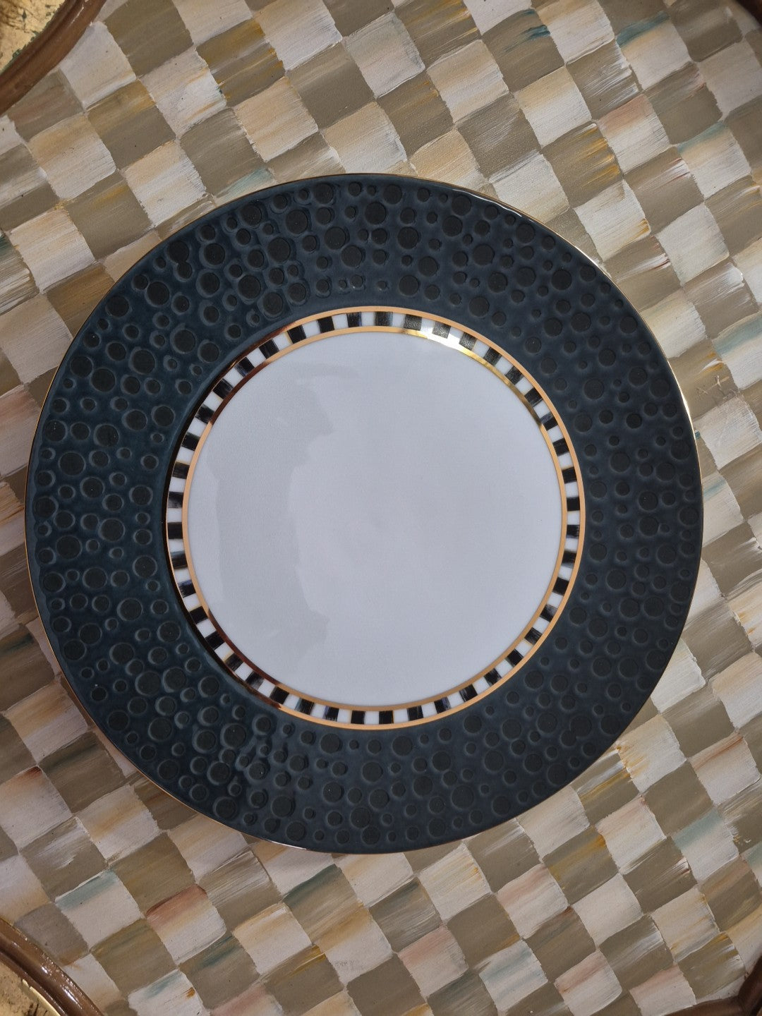 Mackenzie Childs SoHo Dinner 10.24” Plate Midnight Retired- New Gold And Bubbles