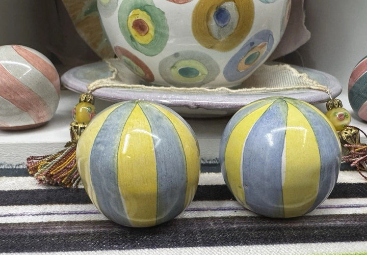 Mackenzie Childs Set Of 2 Blue And Yellow Knobs / Pulls Ceramic W Hardware