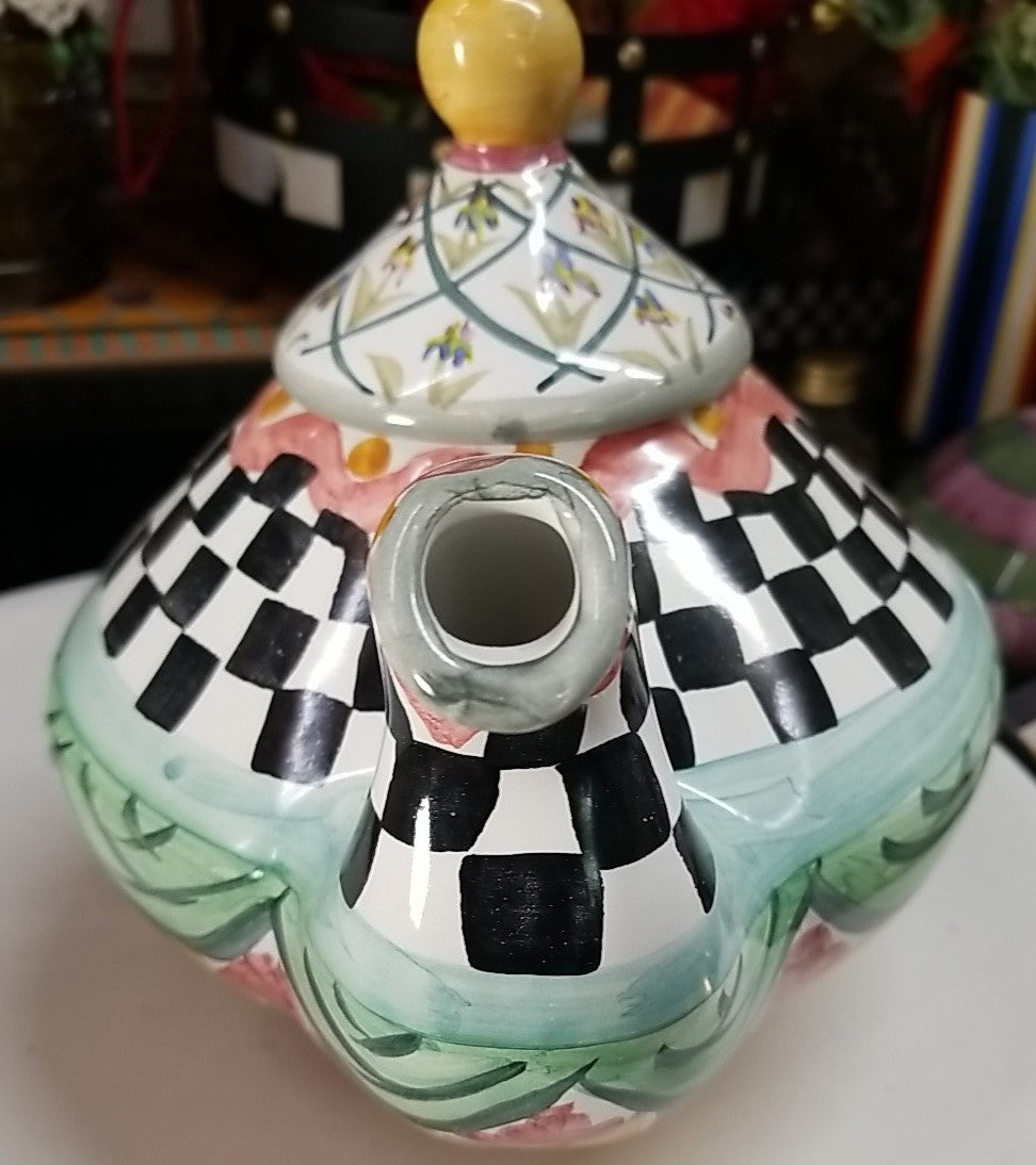 MacKenzie Childs Taylor Odd Fellows Ceramic Tea Pot Kettle 2 qt Retired w/ Lid