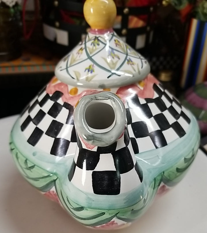 MacKenzie Childs Taylor Odd Fellows Ceramic Tea Pot Kettle 2 qt Retired w/ Lid