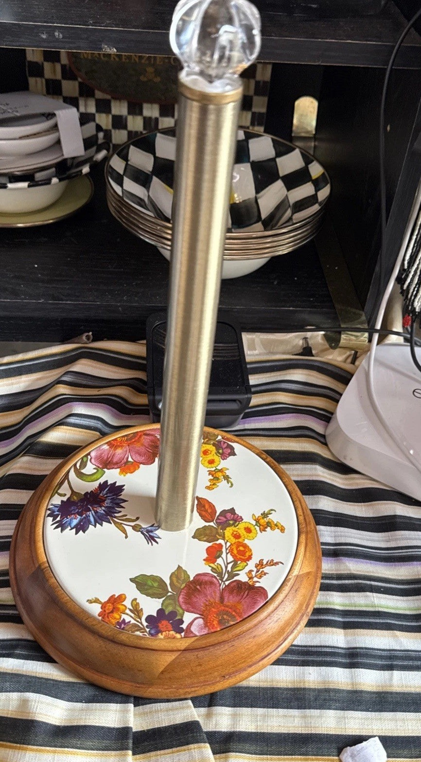 MacKenzie-Childs White Flower Market Wood Paper Towel Holder