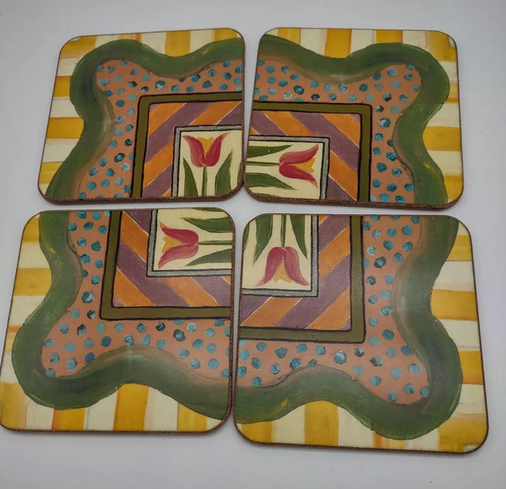 MACKENZIE CHILDS Set 4 Garden path Coasters Corkback Sealed- New