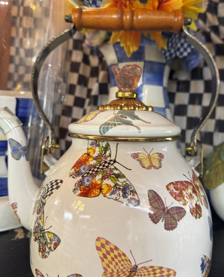 Mackenzie Childs Butterfly Garden  Market Enamel Tea Pot Kettle NEW Retired 2 Qt