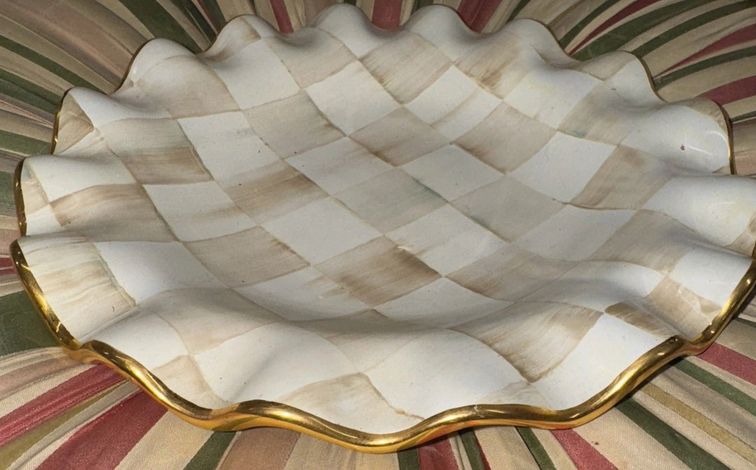 9” Mackenzie Childs   PARCHMENT CHECK CERAMIC FLUTED Gold Trim DESSERT PLATE- 1