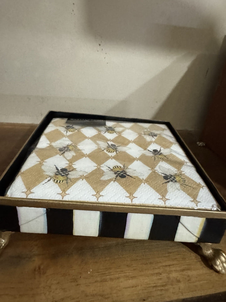 MacKenzie Childs Queen Bee  Cocktail Napkin Holder Gold Lion Claw Feet Tray