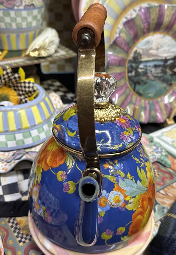 MacKenzie Childs 2 Quart Tea Kettle Blue Lapis Flower Market New