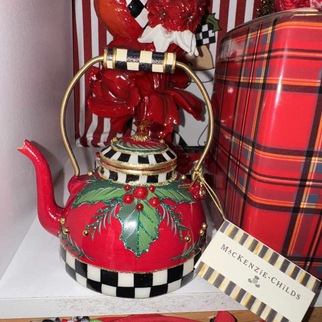 MACKENZIE CHILDS  HOLIDAY KETTLE GLASS ORNAMENT--NEW IN BOX Retired