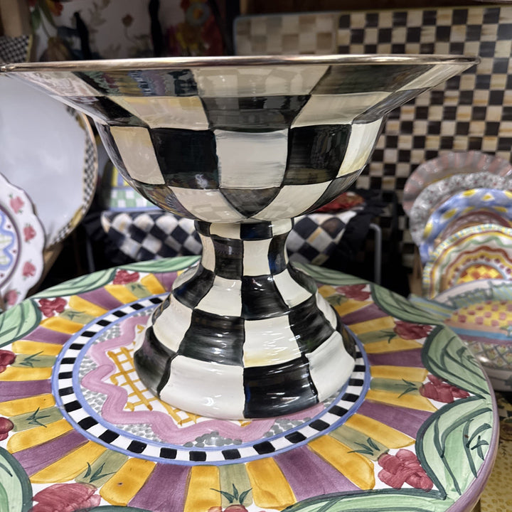 MacKenzie Childs Courtly Check Large Pedestal Compote Bowl Glossy