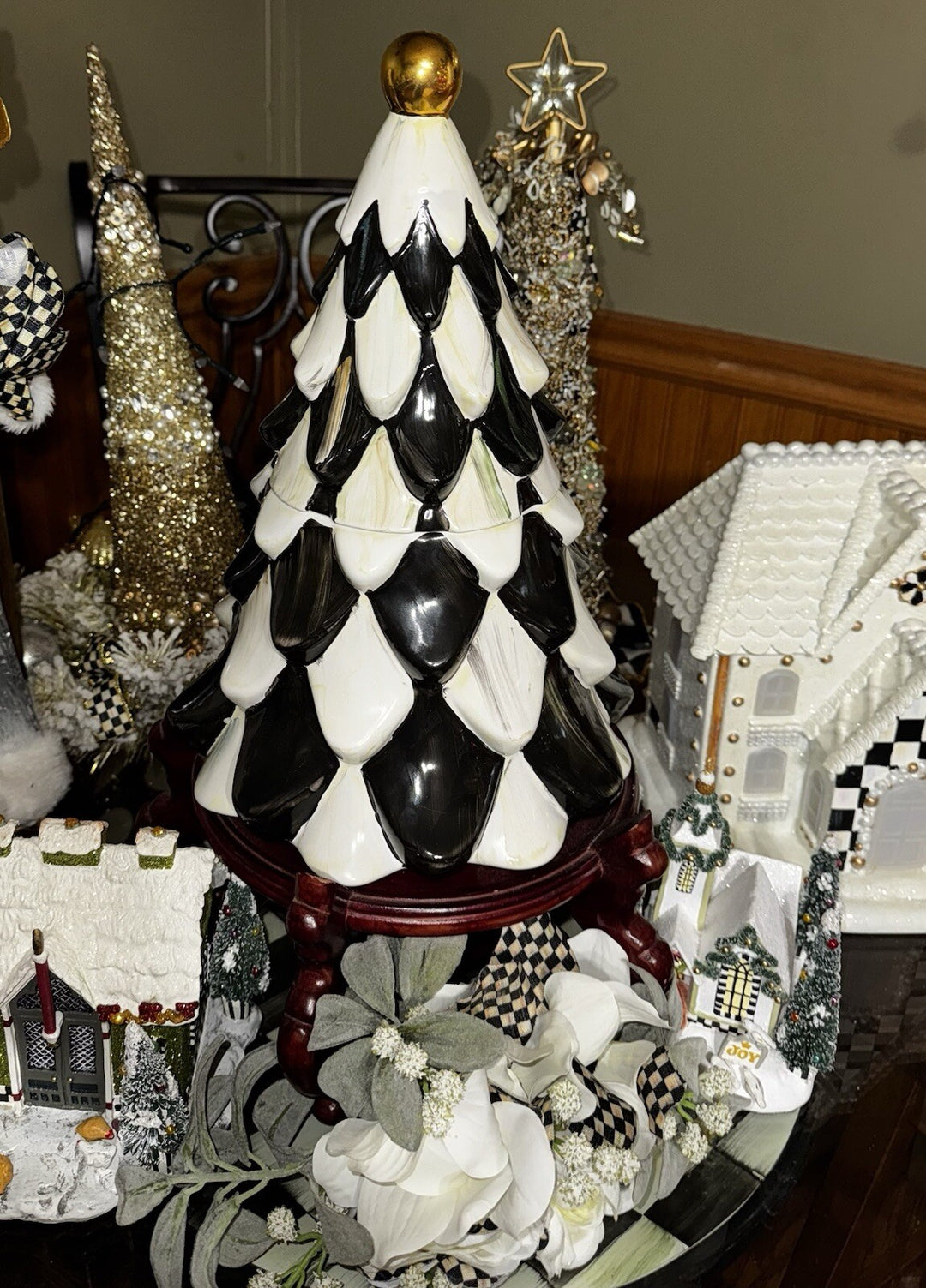 MacKenzie Childs Courtly Check Tannenbaum Cookie Jar  17” Tall Tree Ceramic