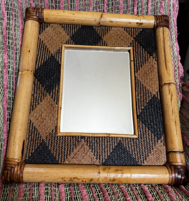 Vtg MacKenzie Childs Rattan Ajiro Bamboo Mirror Made Victoria & Richard Era