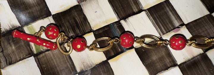 Mackenzie Childs Red Polka Dot Enamel Toggle Charm Bracelet- 8" inch Retired