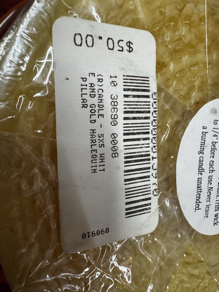 MacKenzie Childs Gold And White  Harlequin Pillar Candle 5 x 5" Beeswax Retired