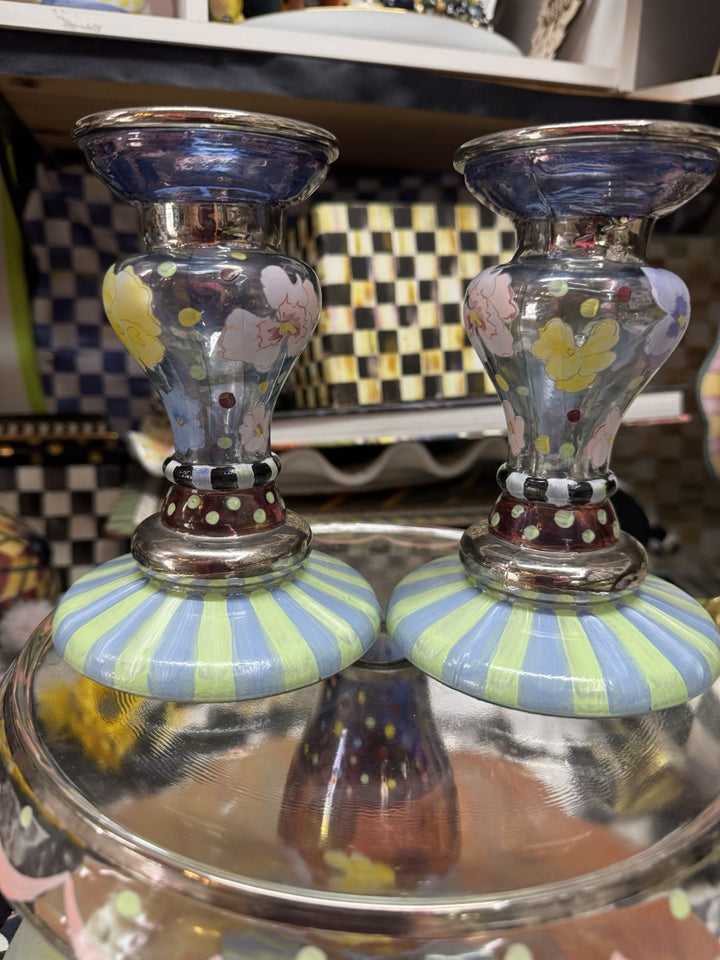 MacKenzie Childs One Circus Pansy Glass Candlestick Candle Holder- Retired