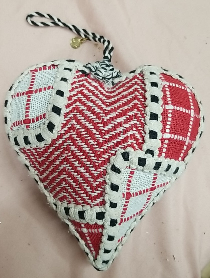 Mackenzie childs Cozy Red HEART patchwork Ornament Large 5.5"w x10"tall 2.5"deep