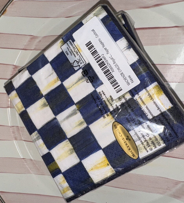 Mackenzie Childs Deck Royal Blue check Paper Cocktail Napkins 20 pack, NEW
