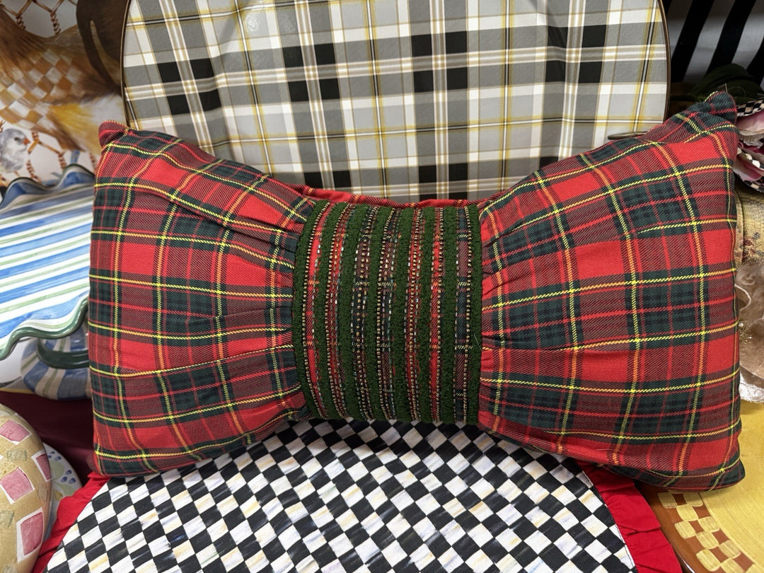 New Mackenzie Childs Red Tartan Retired Bow Pillow Beaded 20” Long