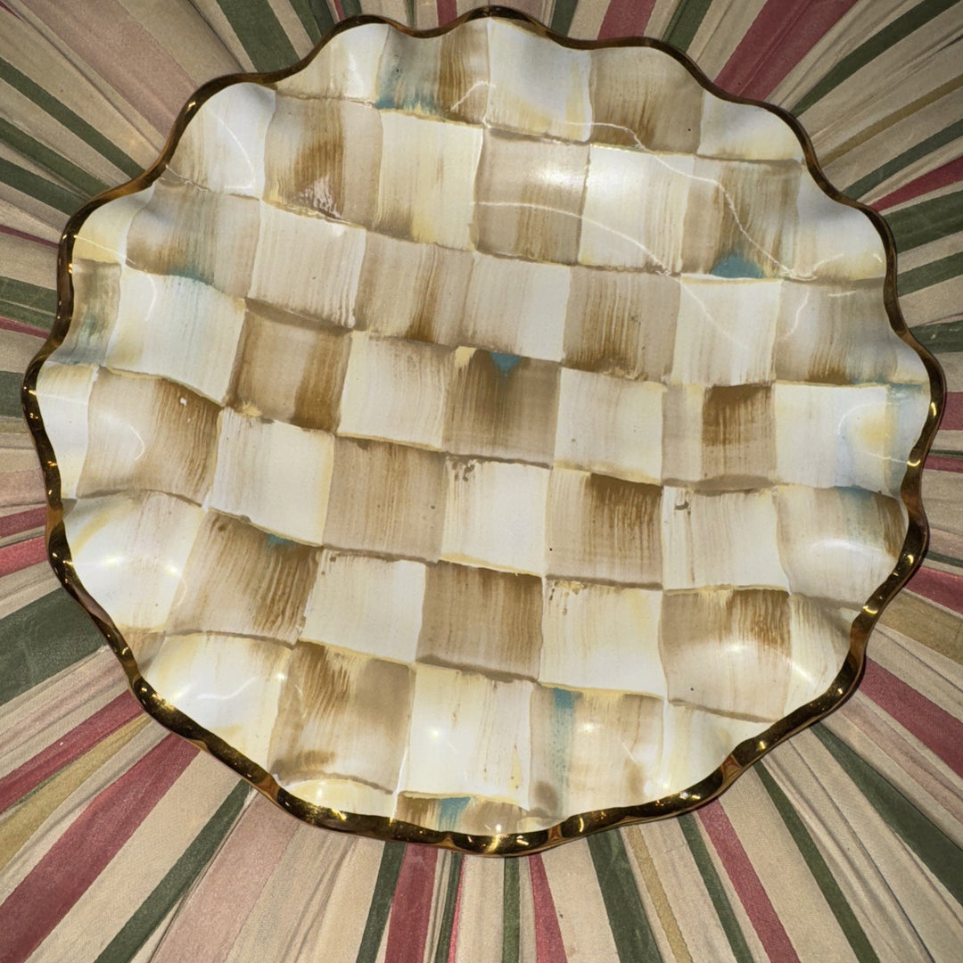9” Mackenzie Childs   PARCHMENT CHECK CERAMIC FLUTED Gold Trim DESSERT PLATE- 1