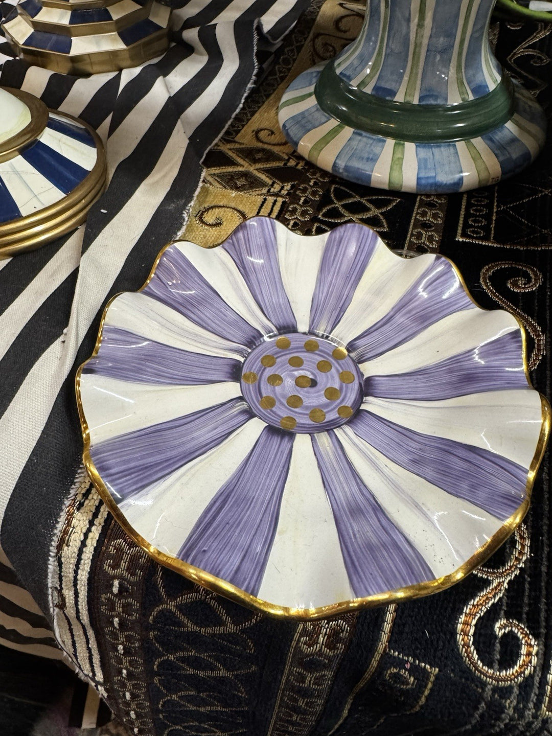 Mackenzie Childs Plum Check Ceramic Fluted 6” Saucer . New