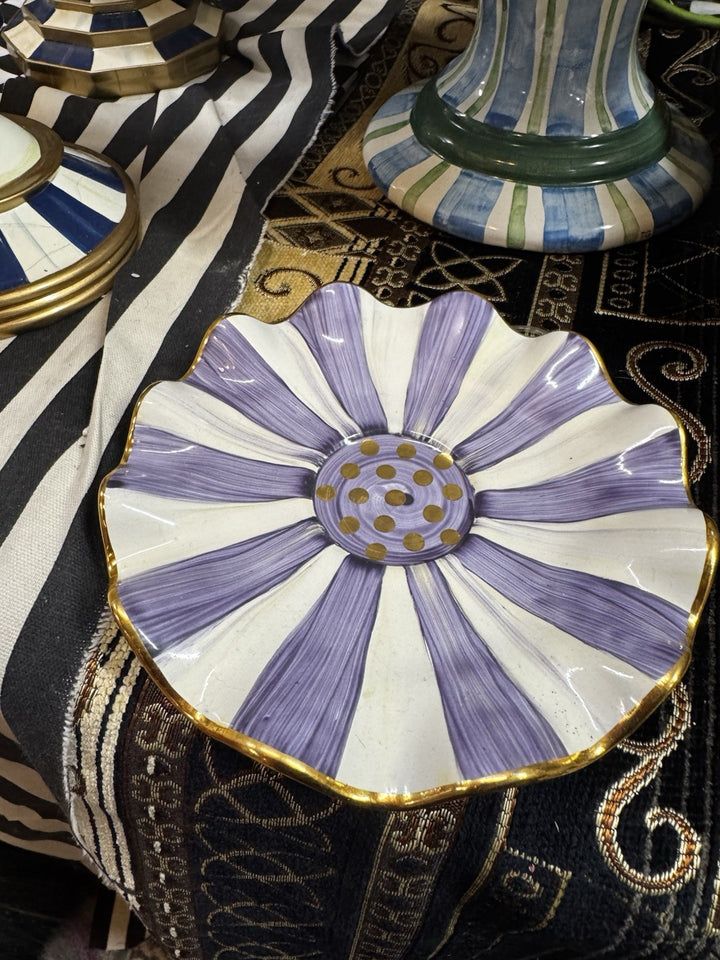 Mackenzie Childs Plum Check Ceramic Fluted 6” Saucer . New