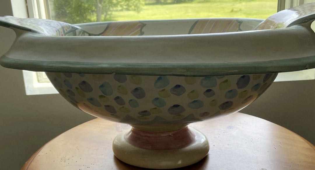 RARE & LARGE Mackenzie  Childs 20" Fish Pedestal Oval Bowl Made In Aurora 2002