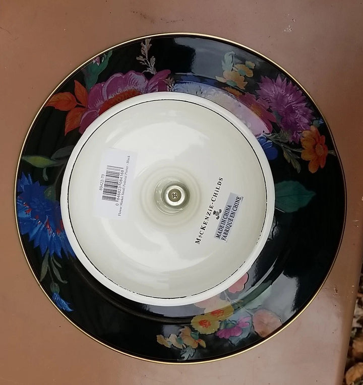 MACKENZIE-CHILDS Black Flower Market & Courtly Enamel Pedestal Platter Small 12”